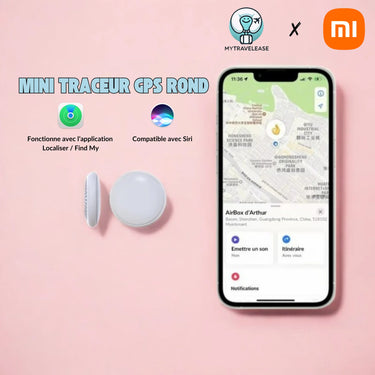 Mini traceur GPS rond MyTravelEase et Xiaomi - Discret, précis, compatible Siri et Find My pour sacs, valises et objets.